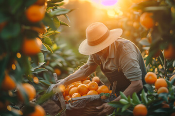 Wall Mural - Farm Harvesting oranges, tangerines tree in the Field, fresh ripe fruit. Farm workers picking fresh ripe fruit, beautiful sunset.