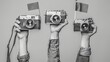 Creative Photo Concept with Hands Holding Retro Cameras and Geometric Cutouts