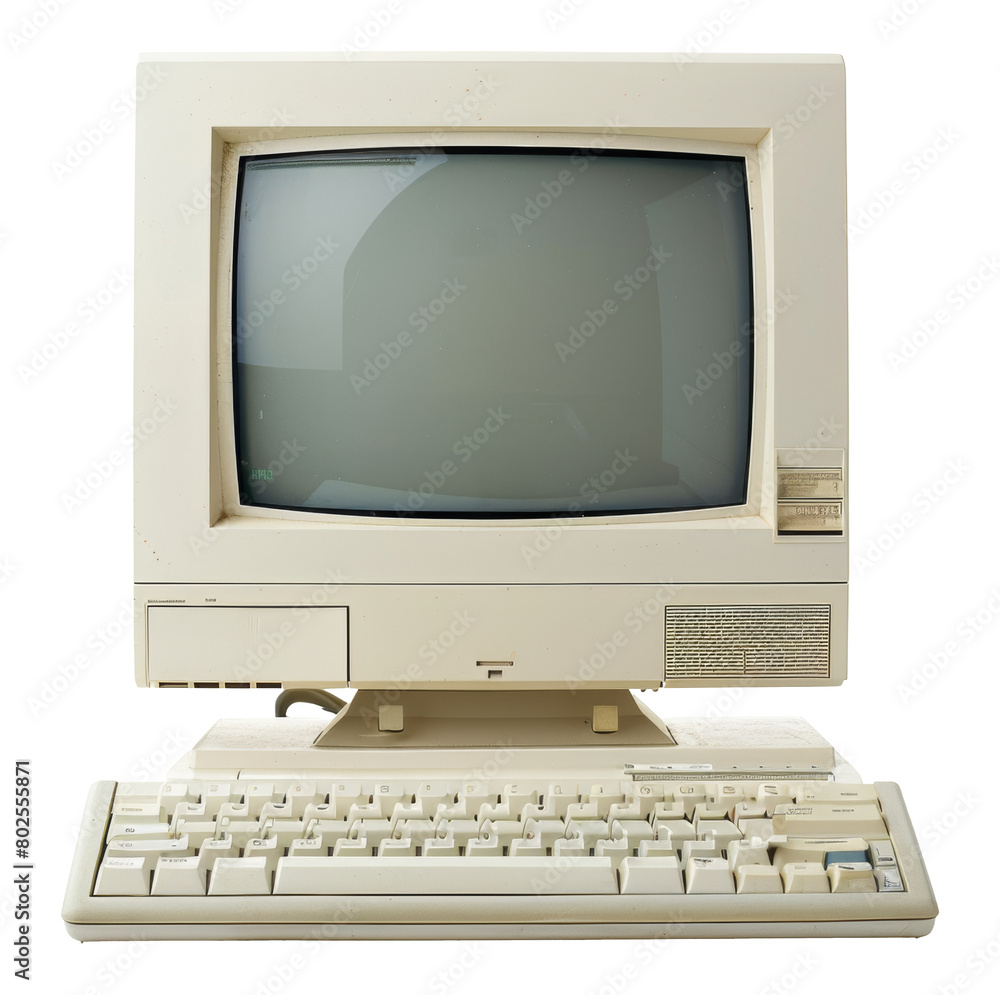 Vintage personal computer with keyboard from the 1980s isolated on transparent background