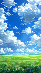 Wall Mural - A beautiful blue sky with fluffy white clouds and a field of flowers