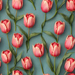 Seamlesss pink tulips pattern on green background, realistic style, minimalism. Generative ai