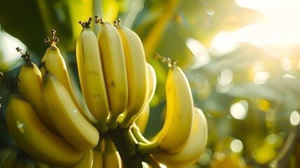 Ripe bananas hanging on the tree in sunlight. Fresh organic bananas in nature. Tropical fruit harvest concept. Nature's bounty in warm light. AI