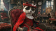 A panda wearing a red suit and hat is seated comfortably on a chair
