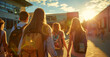 © Peopleimages - AI - Outdoor, walking and backpack for school, morning and building of education, highschool and kids. Students, friends and children together, travel and bag for books, scholarship and Gen z in academy