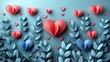 Elegant Paper Craft Hearts Floating Among 3D Blue Leaves on a Teal Background, Perfect for Valentine's