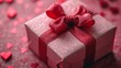 Elegant Pink Gift Box with Sparkling Red Bow on a Dotted Pink Background, Perfect for Valentine's Day