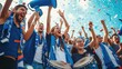 A jubilant crowd celebrates with musical instruments, smiles, and confetti in a stadium, adding to the happy atmosphere of this entertaining event. AIG41