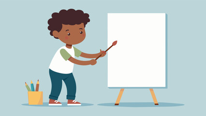Wall Mural - A boy placing a paintbrush onto a blank canvas eager to start creating a piece that captures the essence of Juneteenth and its meaning to his. Vector illustration