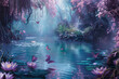 a painting of a lake surrounded by flowers and butterflies