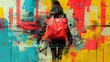Stylish Woman in Leather Jacket Holding Money Against a Vibrant Urban Art Background