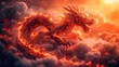Majestic Red Chinese Dragon in Fiery Clouds Illustration, Perfect for Tattoo Design