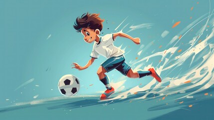 Dynamic Soccer Player Boy Kicking Ball in Active Pose, Cartoon Style for Sports Success and Championship, Wide Banner