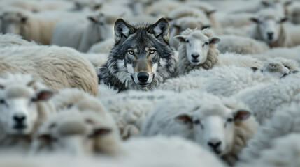 Poster -  The central focus of the image is a wolf. Its piercing eyes and pointed ears stand out against the backdrop of the sheep