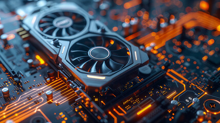 Canvas Print - a close up of a computer motherboard with a fan on top of it and a yellow and black background