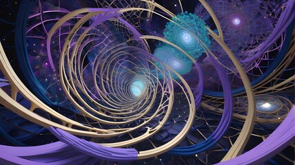 Wall Mural - Ethereal Multiverse Tunnels in Shades of Gold, Purple, and Blue.