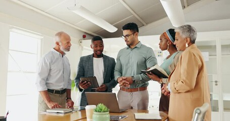 Poster - Business people, laptop or discussion in meeting in boardroom with planning or creative decision making. Teamwork, professional employees or technology in office for project feedback or brainstorming