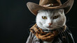 Cool looking white cat wearing cowboy costume isolated on dark background. Copy space for text on the side.