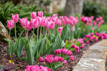 Wall Mural - A row of pink tulips blooming in a pink flower bed.