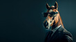 © Tepsarit - Cool looking horse wearing sunglasses, suit and tie isolated on dark background. Copy space for text on the side.