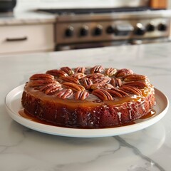 Sticker - a freshly baked Pecan Upside-Down Cake have a caramelized top with glossy pecan halves