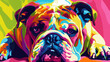 Portrait of english bulldog dog in colorful pop art comic style painting illustration.