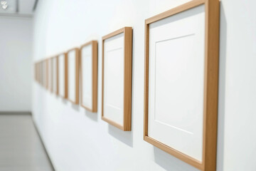 Wall Mural - A row of empty picture frames on a white wall.