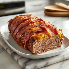 a gourmet bacon-cheese infused beef loaf freshly baked and served