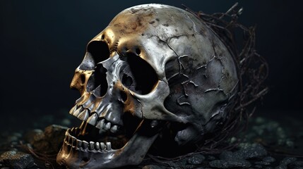 Poster - Cracked and weathered human skull on dark background