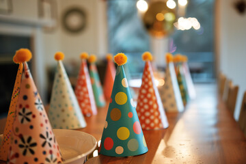 Wall Mural - A row of colorful party hats on a table, ready for guests.