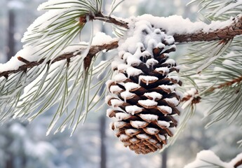 Poster - Snowy pine cone on a winter branch