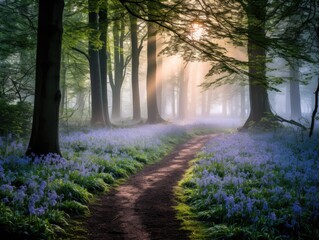 Sticker - Enchanted forest path through bluebells