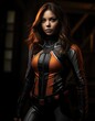 Futuristic female superhero in dark costume