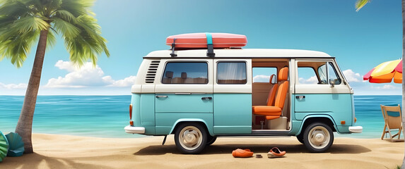 A nostalgic and idyllic depiction featuring a vintage van parked by a sandy beach with summer accessories, embodying the spirit of coastal road trips on sunny days