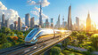 Futuristic cityscape with a sleek high-speed train, modern skyscrapers, abundant greenery, and clear skies, symbolizing advanced urban development and transportation.
