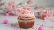 Cute Birthday Cupcake With Candle And Pink Decoration