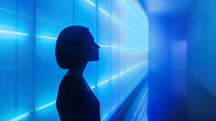 sala de realidad aumentada tecnología dinámica colores azules silueta de mujer