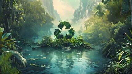 A lake in the shape of a recycling sign in the middle of untouched nature. An ecological metaphor for ecological waste management and a sustainable and economical lifestyle. 3d rendering