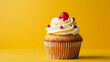 Birthday cupcake on yellow background with sparkle and cherry on top