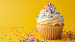 Colorful confetti on cupcake for Birthday cupcake. Close up cute cupcake.
