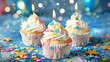 Three tasty and cute cupcake with candles and colorful star topper on blue background