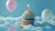 Tasty cupcake with candles and ballon on blue background