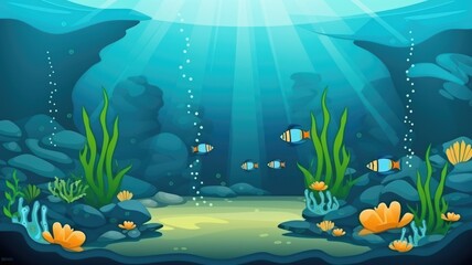 Wall Mural - Vibrant underwater paradise in a cartoon illustration, with serene aquatic life and light rays piercing through