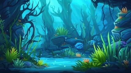 Wall Mural - Enchanting underwater cartoon illustration with colorful aquatic plants and magical bubbles