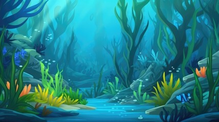 Wall Mural - Enchanting underwater cartoon illustration with colorful aquatic plants and magical bubbles