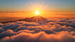 a breathtaking sunrise over a sea of clouds, with the sun casting its golden rays across the sky and illuminating the silhouette of a mountain peak