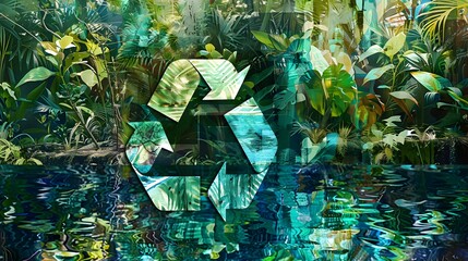 Wall Mural - A lake in the shape of a recycling sign in the middle of untouched nature. An ecological metaphor for ecological waste management and a sustainable and economical lifestyle. 3d rendering