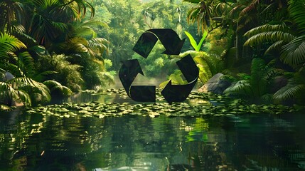 Wall Mural - A lake in the shape of a recycling sign in the middle of untouched nature. An ecological metaphor for ecological waste management and a sustainable and economical lifestyle. 3d rendering
