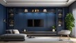 © Five Million Stocks - Living room with cabinet for tv on dark blue color wall background