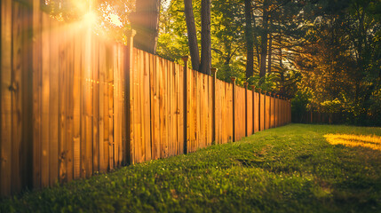 Wall Mural - The image portrays a tranquil backyard enclosed by a tall wooden fence. The warm glow of the sun either sets or rises, casting a golden hue over the scene