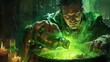 A third image shows a man staring intently into a cauldron filled with a bubbling green liquid. He holds a vial labeled Transformation . .